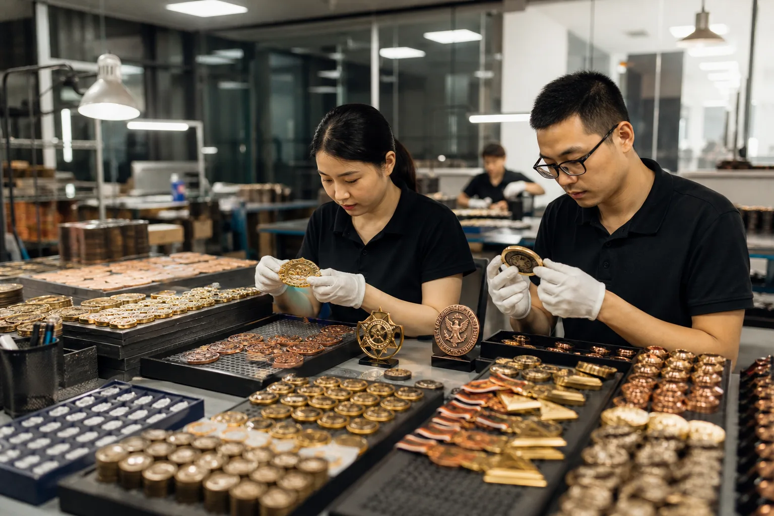 Factory team reviewing varied custom metal products for direct international supply coordination