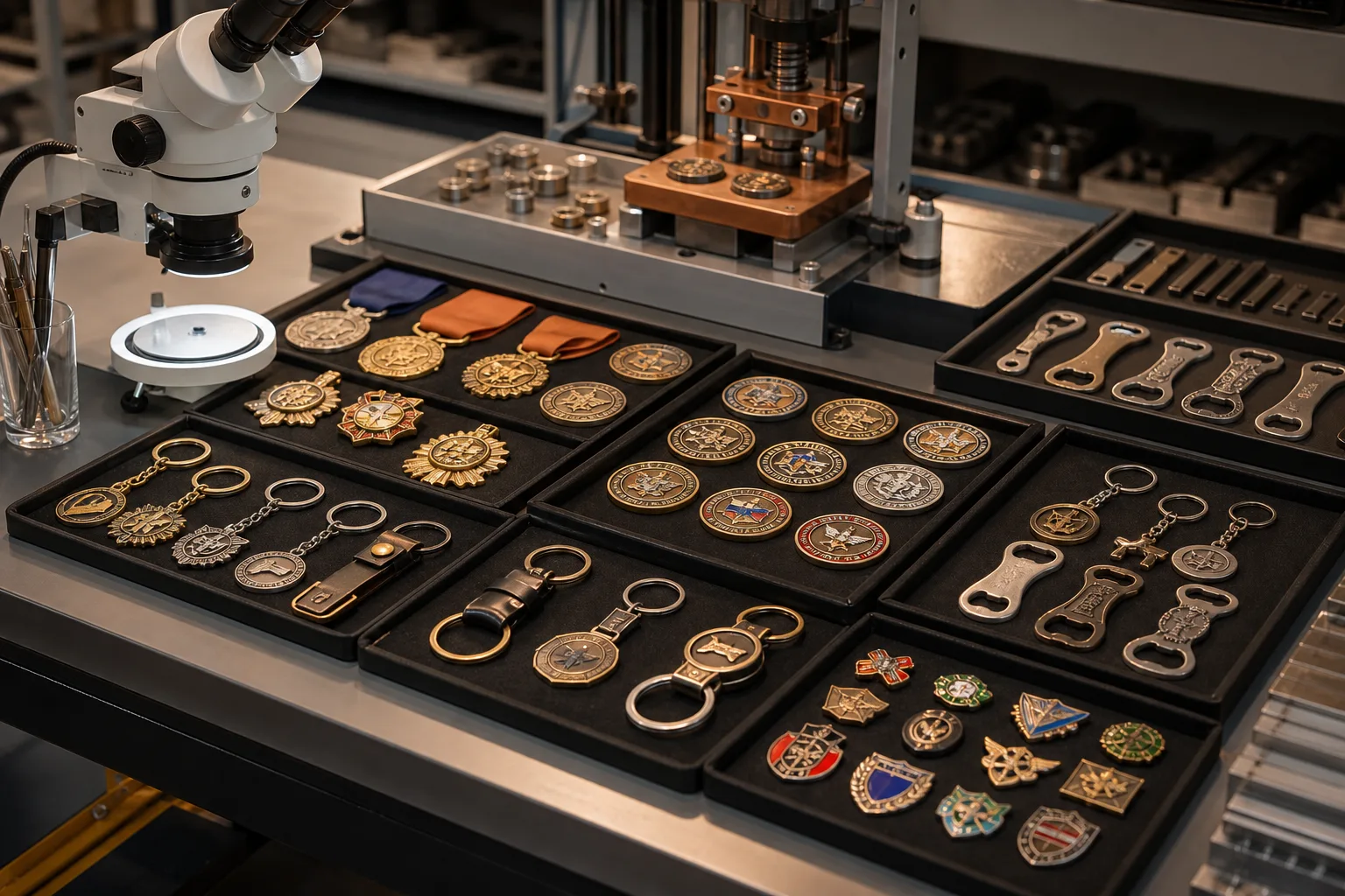 Custom medals, coins, pins, plaques, and accessories organized for direct export production