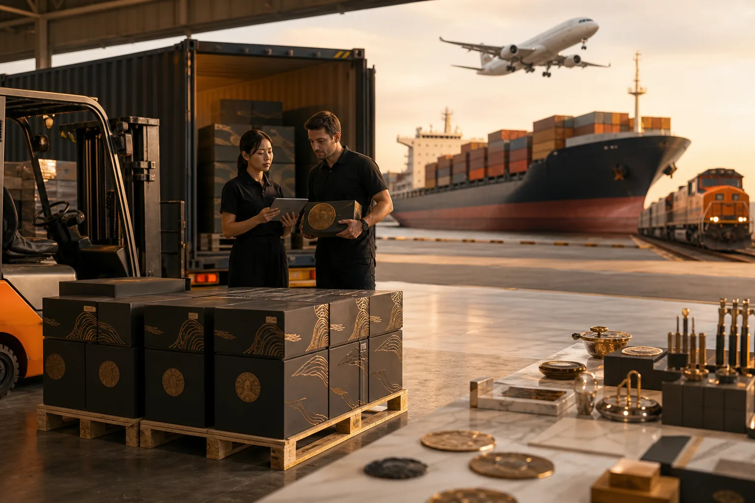 Packed custom metal product cartons prepared for review of international transport options