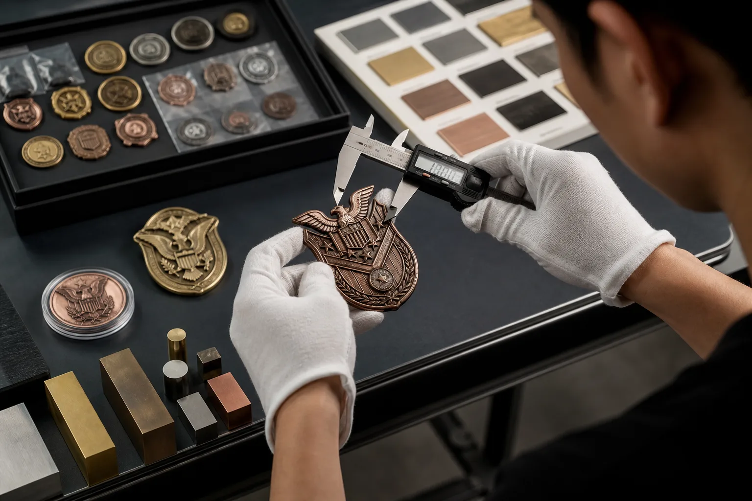 Technician measuring finished medals and coins during custom metal product classification review