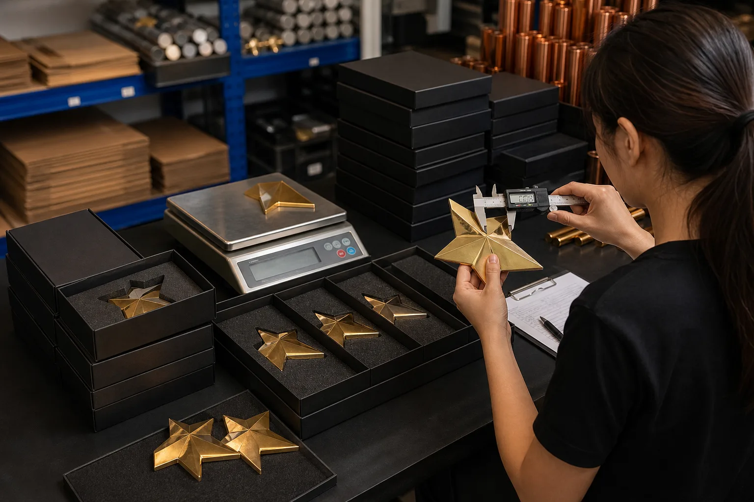 Custom metal products measured and packaged while shipment details are prepared for export planning