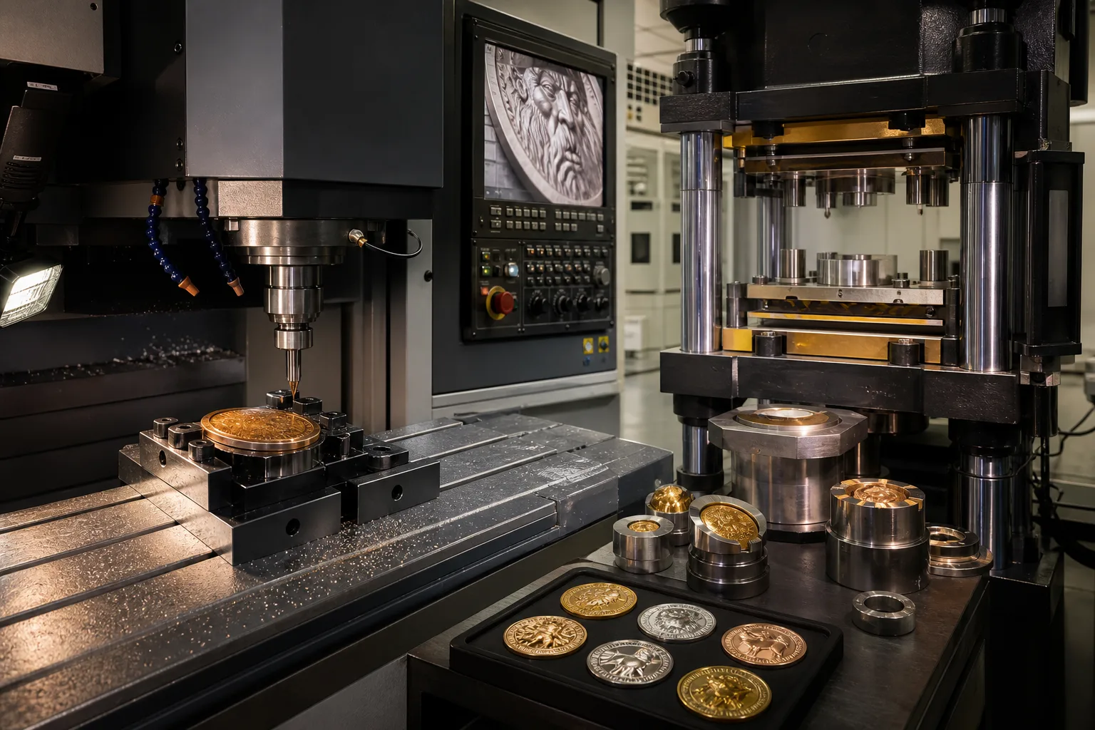 CNC engraving and hydraulic forming equipment prepared for custom coin tooling