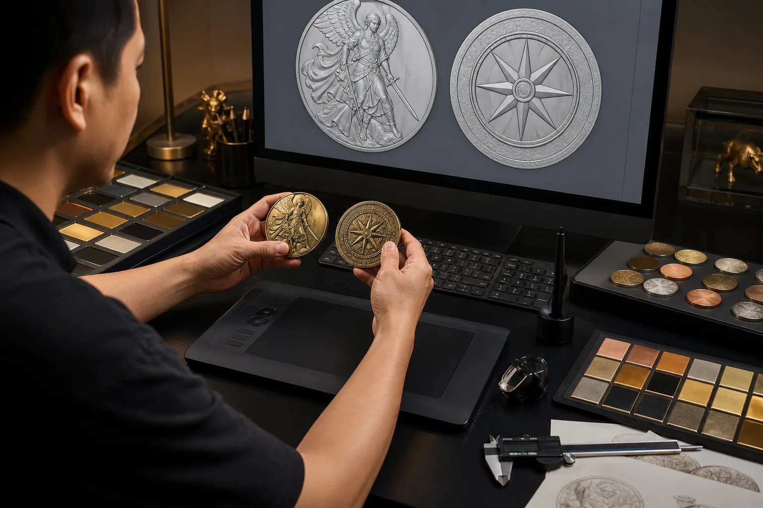 Designer reviewing front reverse coin artwork and neutral 3D relief proof