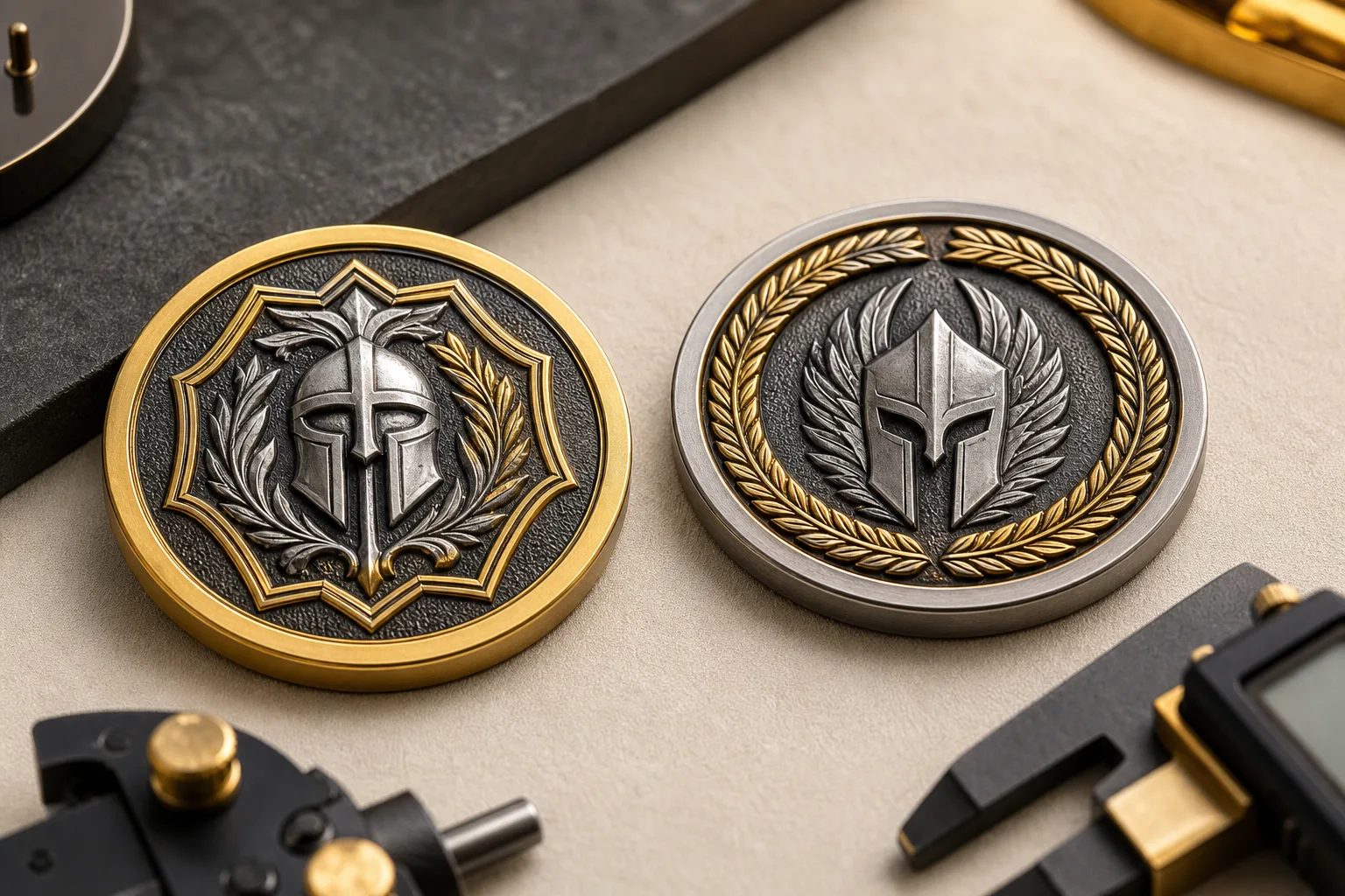 Dual plated challenge coins showing defined gold and silver design zones
