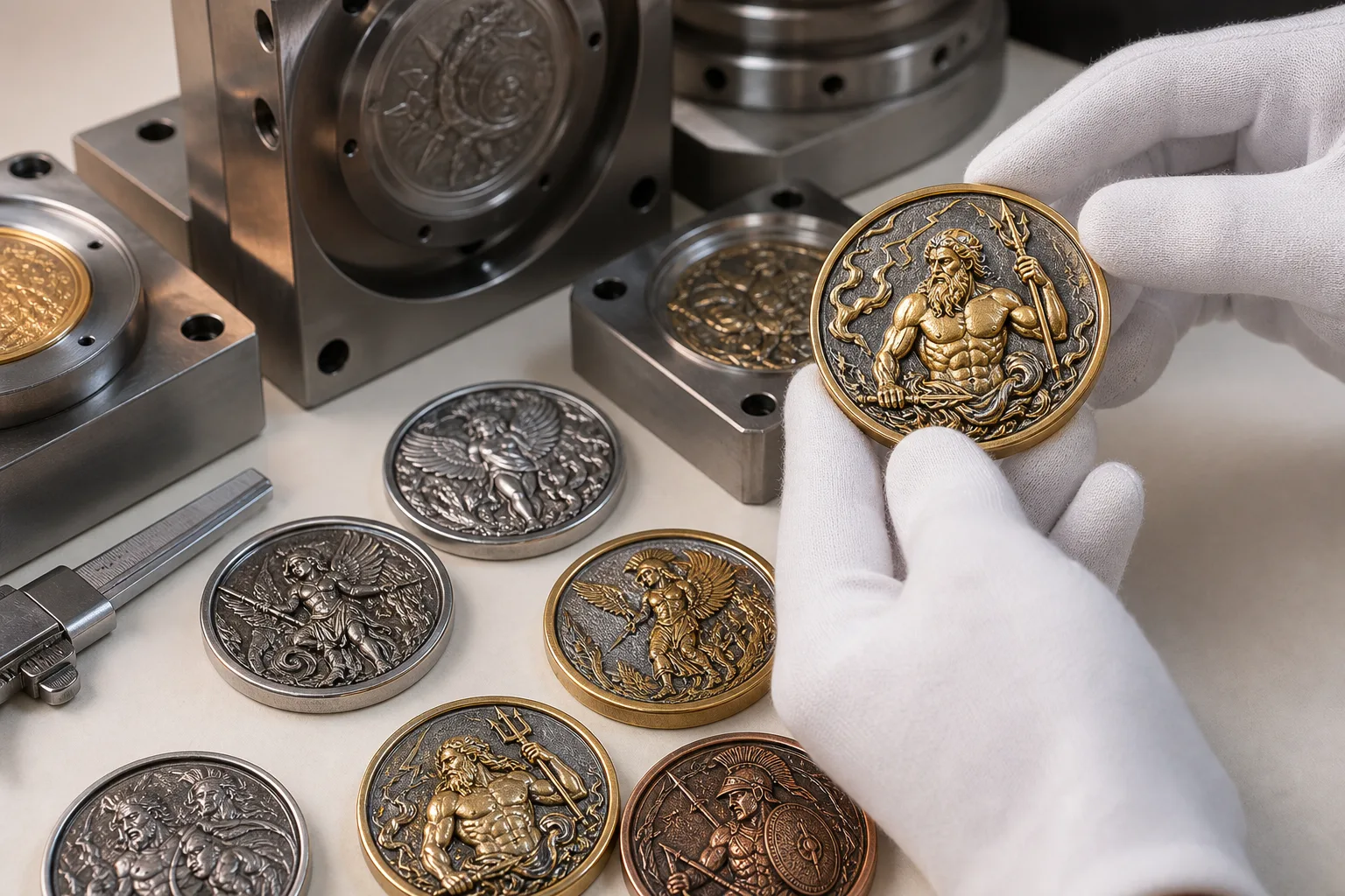 High relief challenge coins showing sculpted depth and contrasting plated metal tones