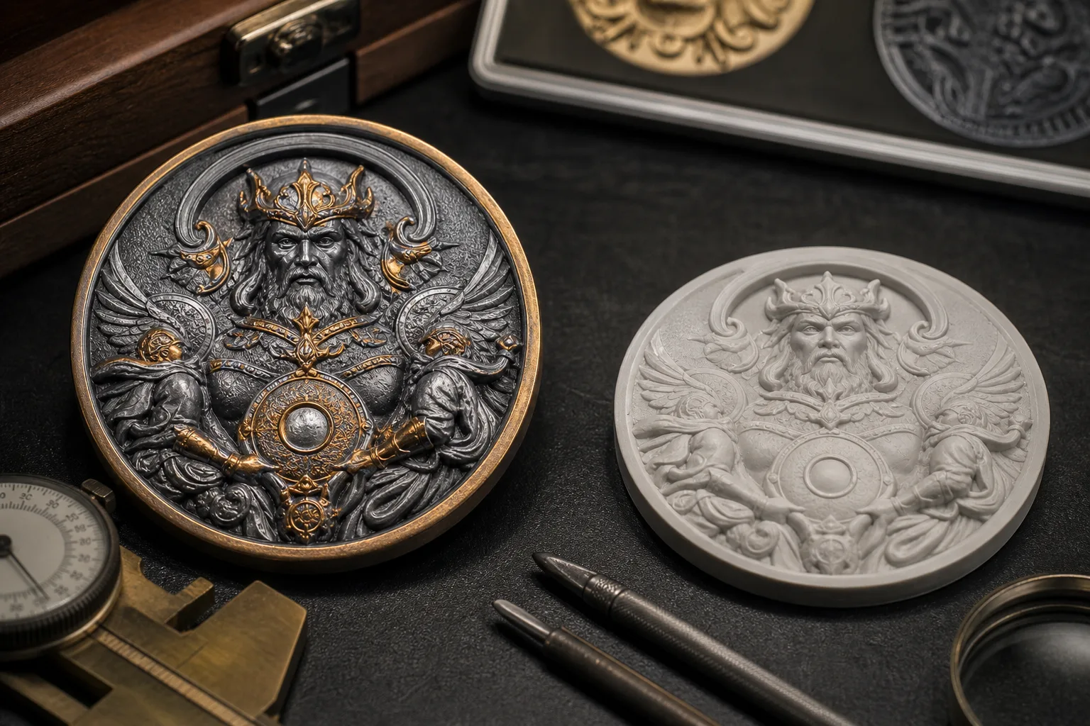 Sculpted coin relief proof showing layered forms and recessed supporting fields