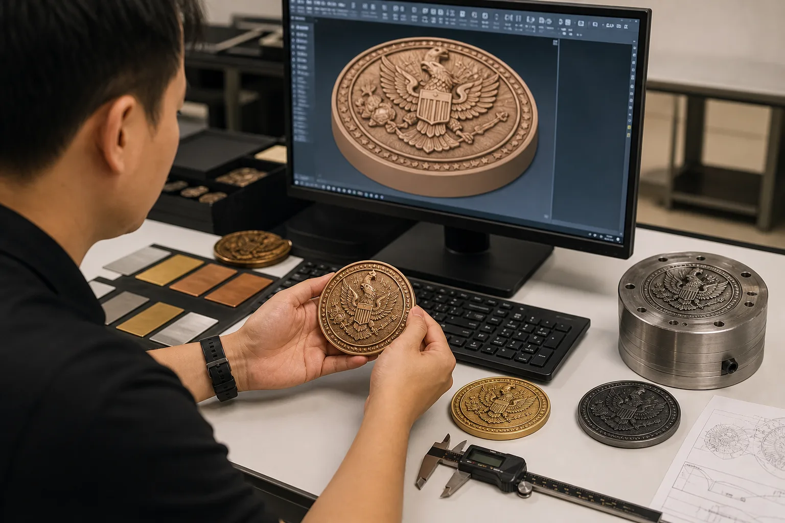 Engineer comparing a high-relief coin proof with tooling and dimensional references