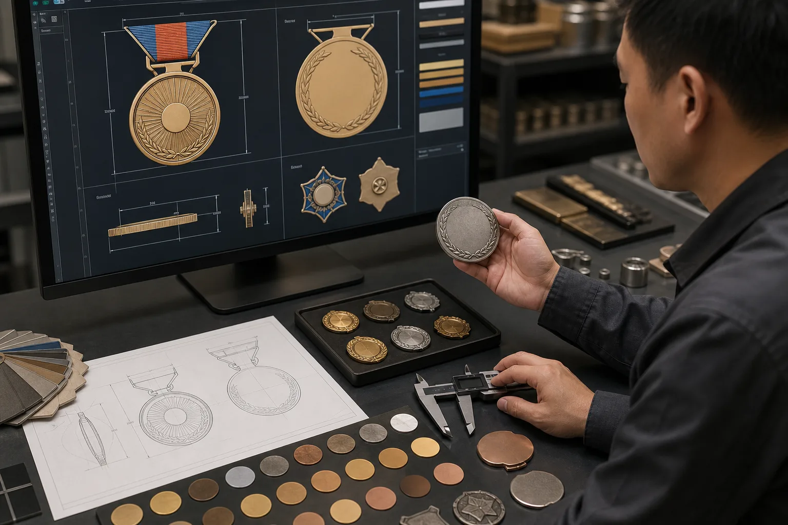 Designer reviewing medal artwork, dimensions and metal finish samples before quotation