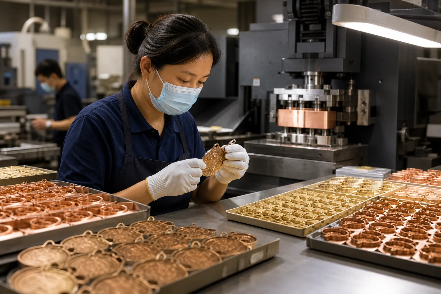 Factory operator checking formed medal components during controlled bulk production