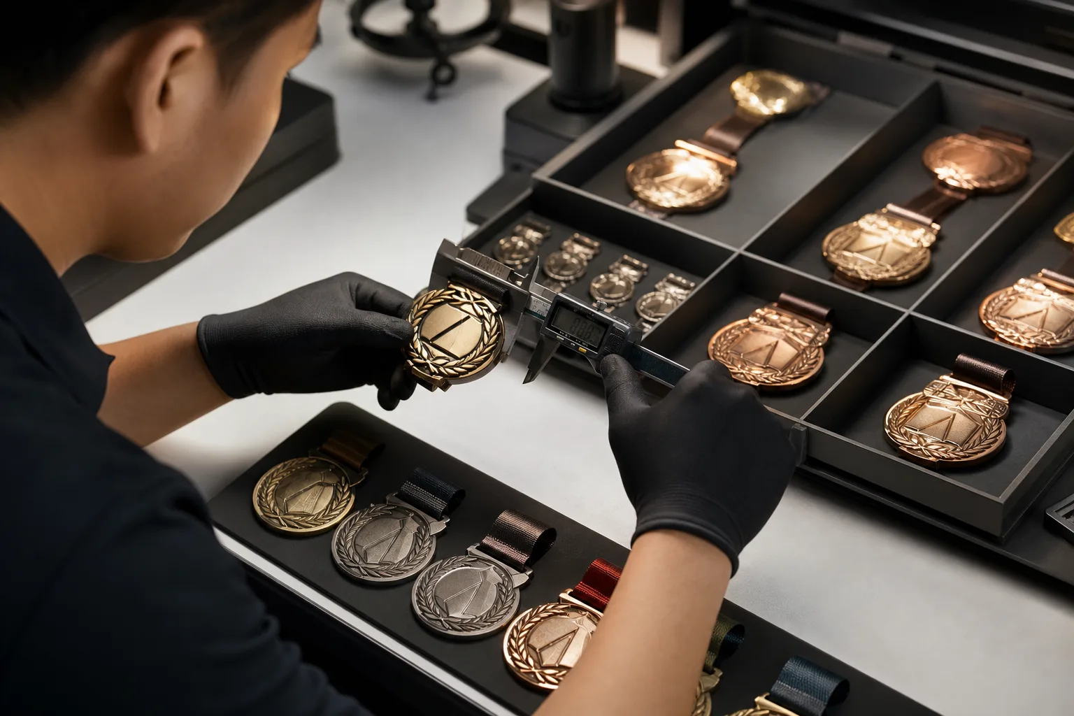 Quality inspector measuring finished medals and checking enamel, plating and attachments