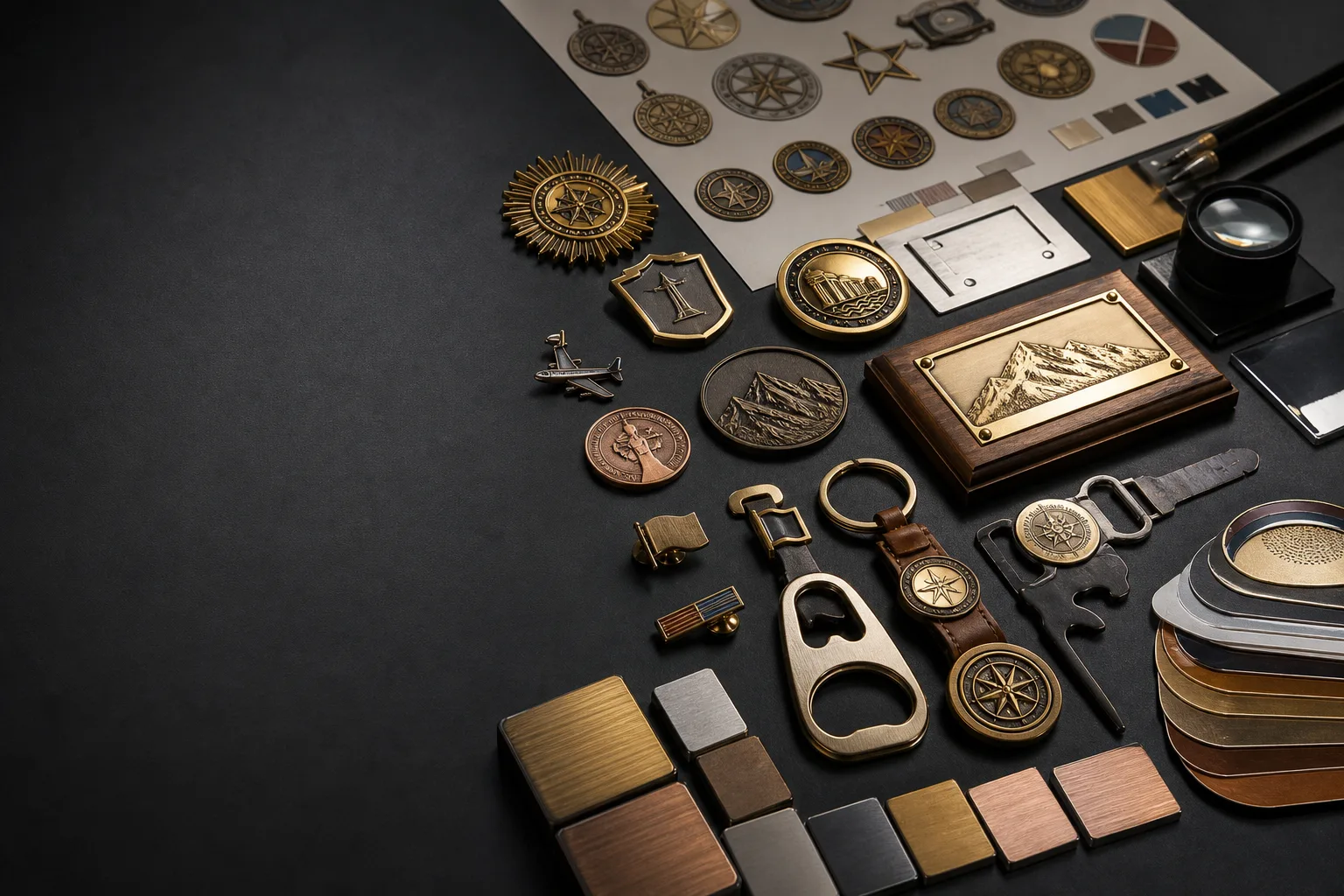 Custom metal products arranged with artwork proofs for an OEM ordering review
