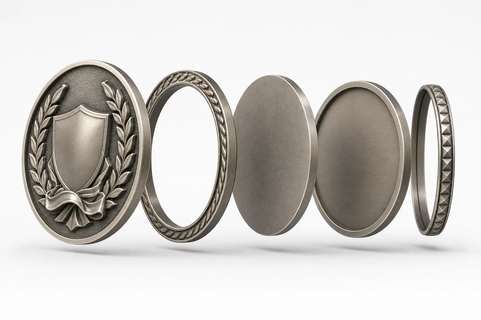 Exploded view of a challenge coin front, reverse, border, thickness, and edge
