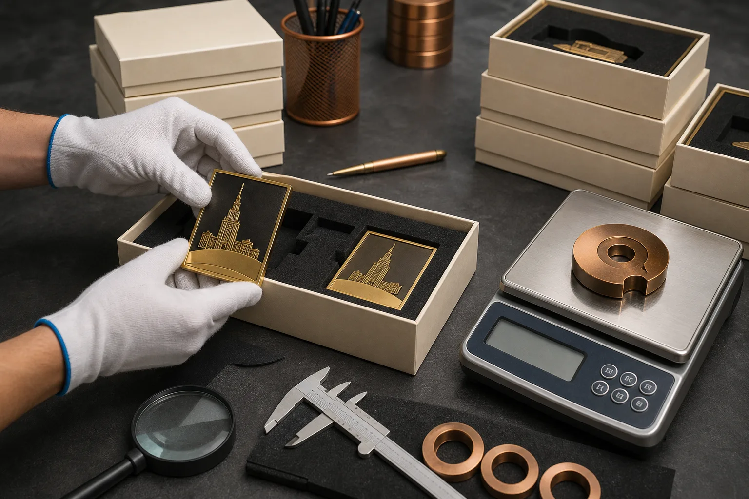 Custom metal product cartons and measuring tools arranged for customs review