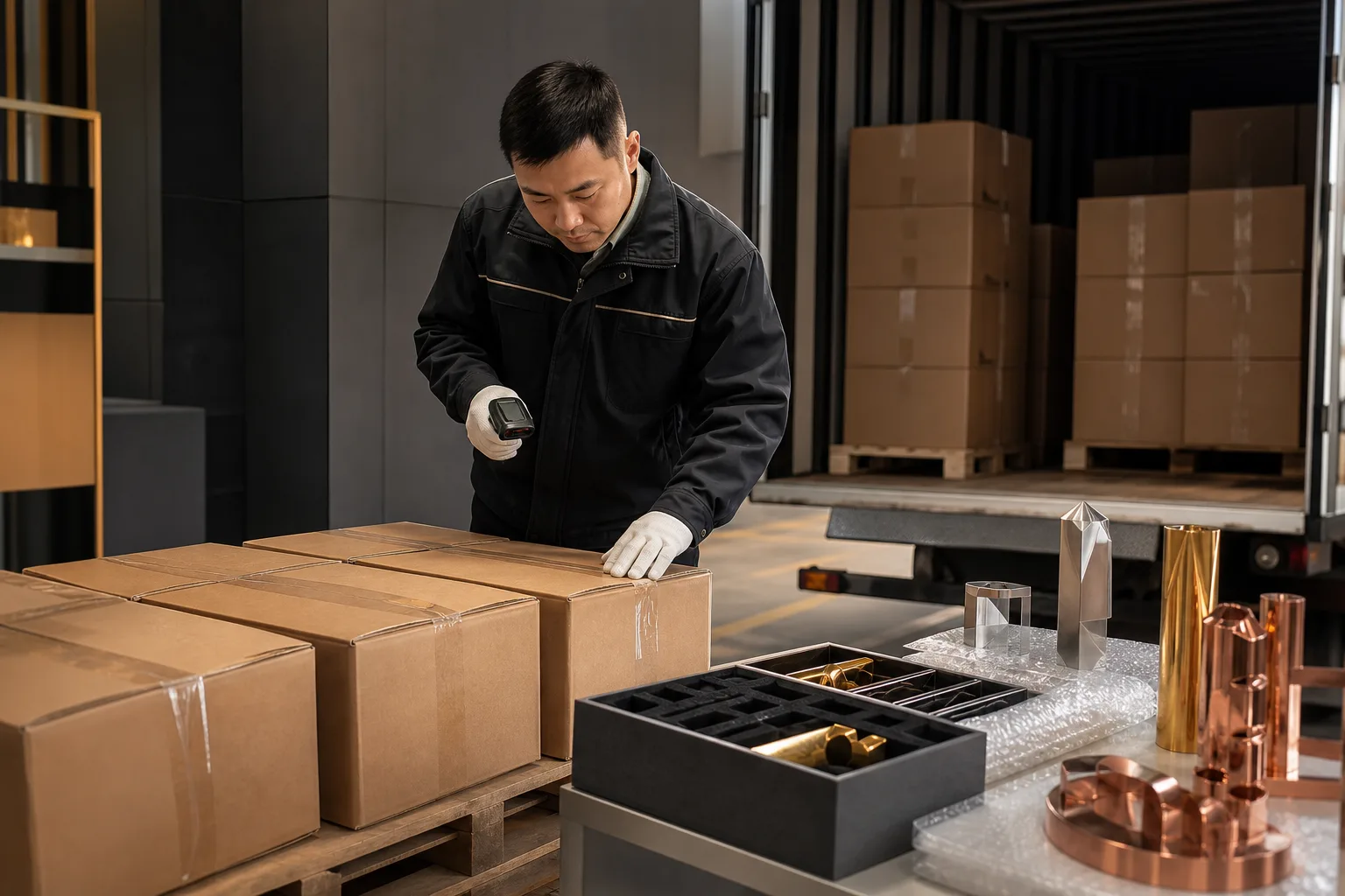 Export cartons undergoing dispatch inspection before carrier handoff for a global order