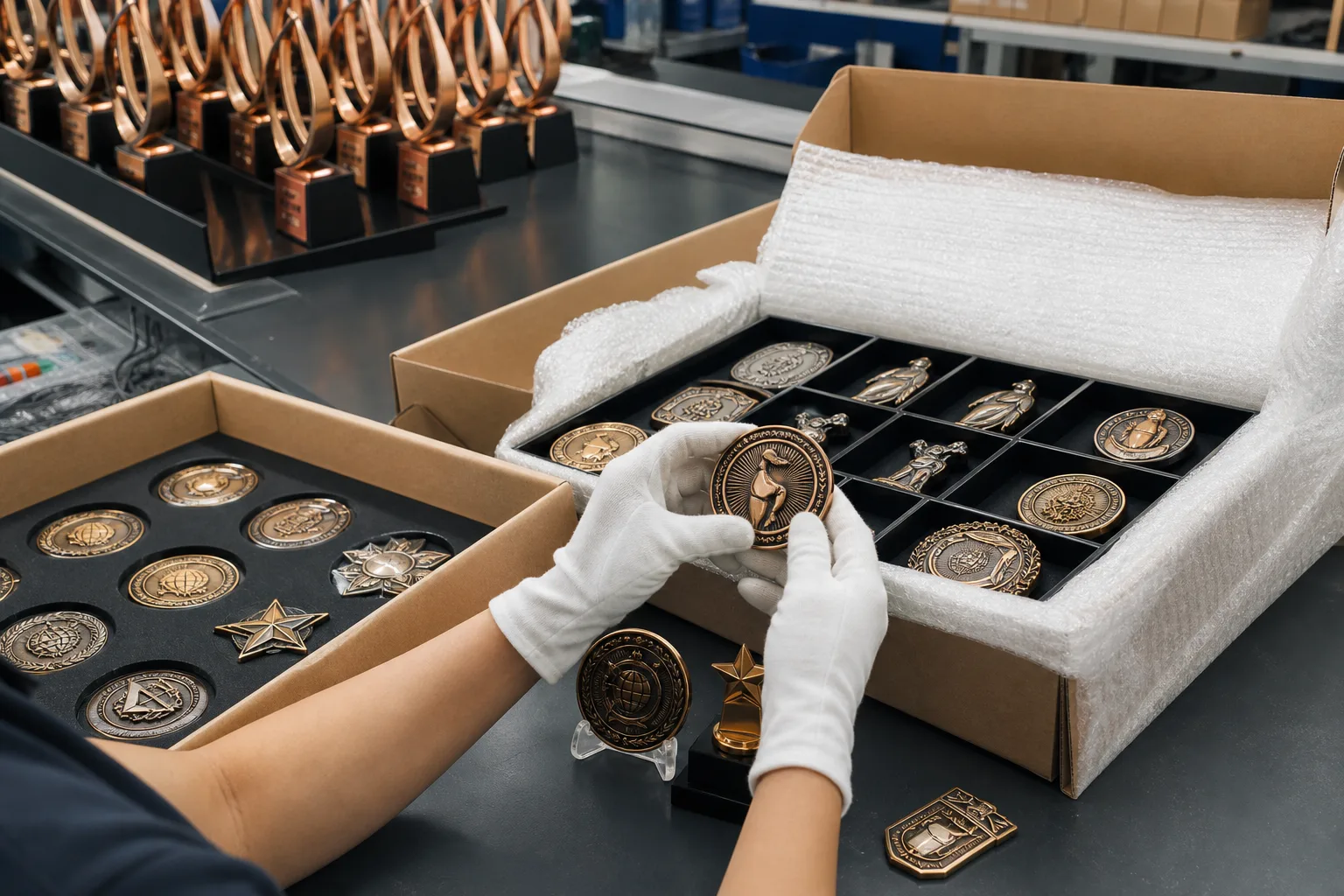 Custom metal products prepared for international shipping from a precision manufacturing facility