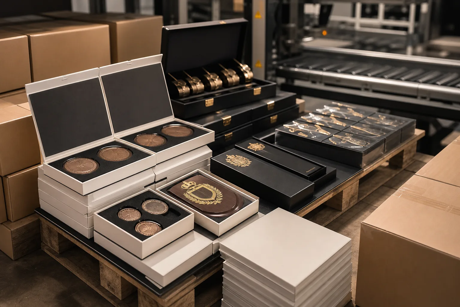 Packed custom medals and plaques staged for coordinated export transport from Shenzhen