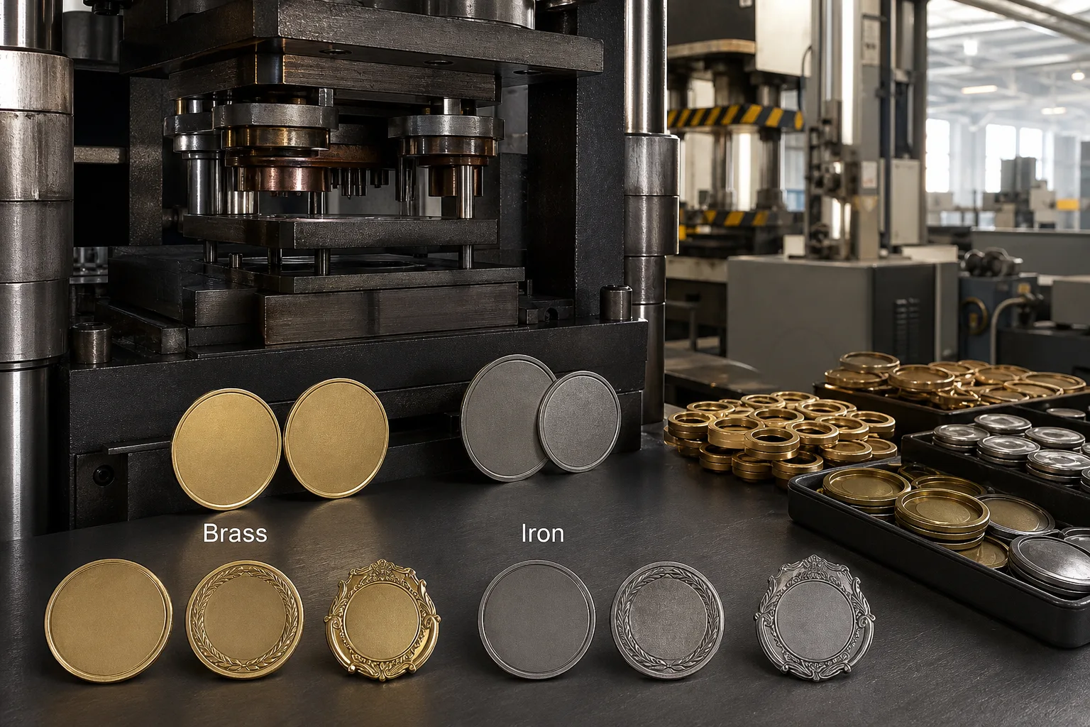 Brass and iron relief samples beside precision metal forming equipment