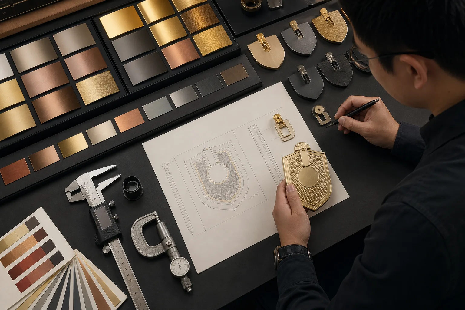 Engineer reviewing metal geometry, relief, attachments and decoration samples together