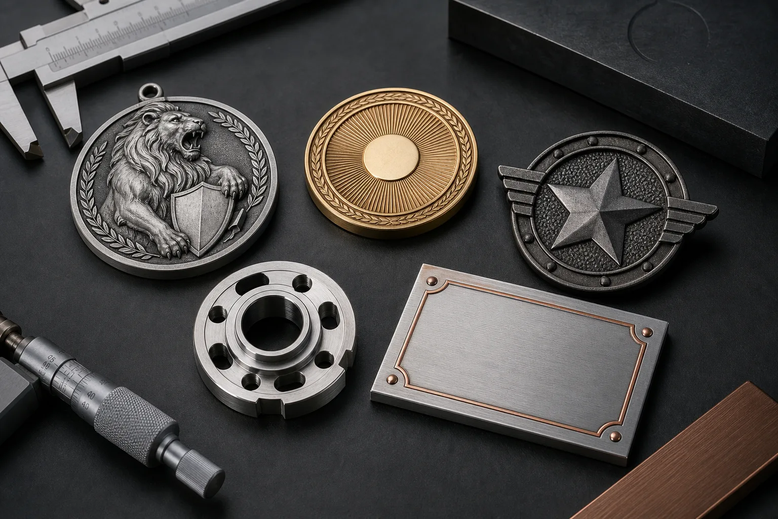 Custom metal products in five base metals arranged for material comparison