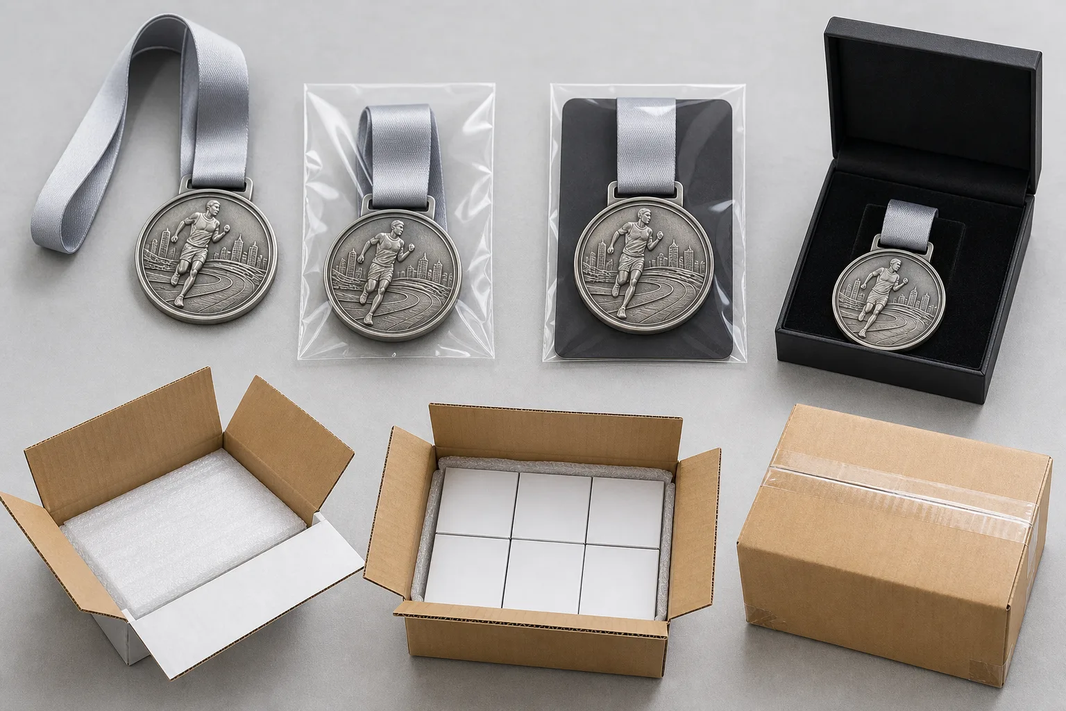 Medal, ribbon, connector, protective packing, presentation box, and carton components