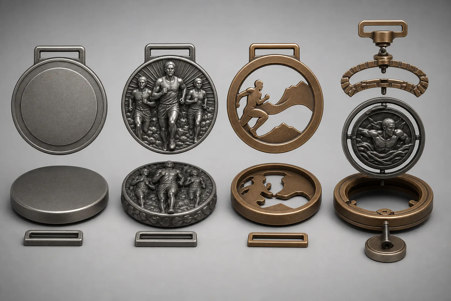 Solid, relief, cutout, and multi-part medal constructions compared