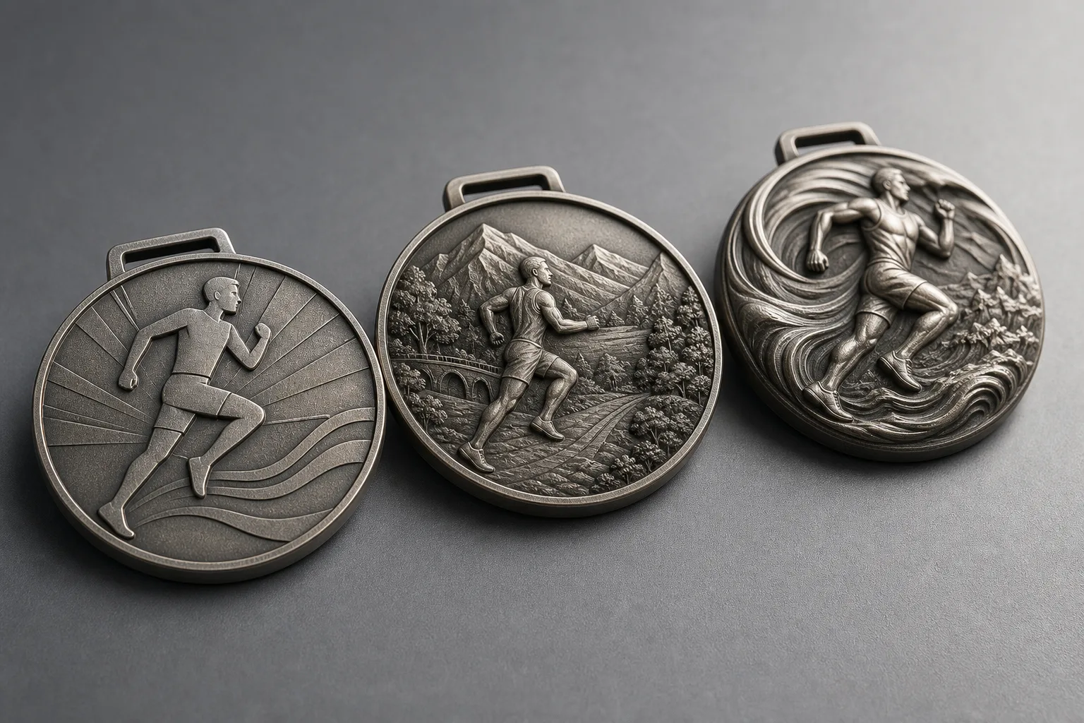 Three metal medals illustrating 2D, multi-level, and sculpted relief structures