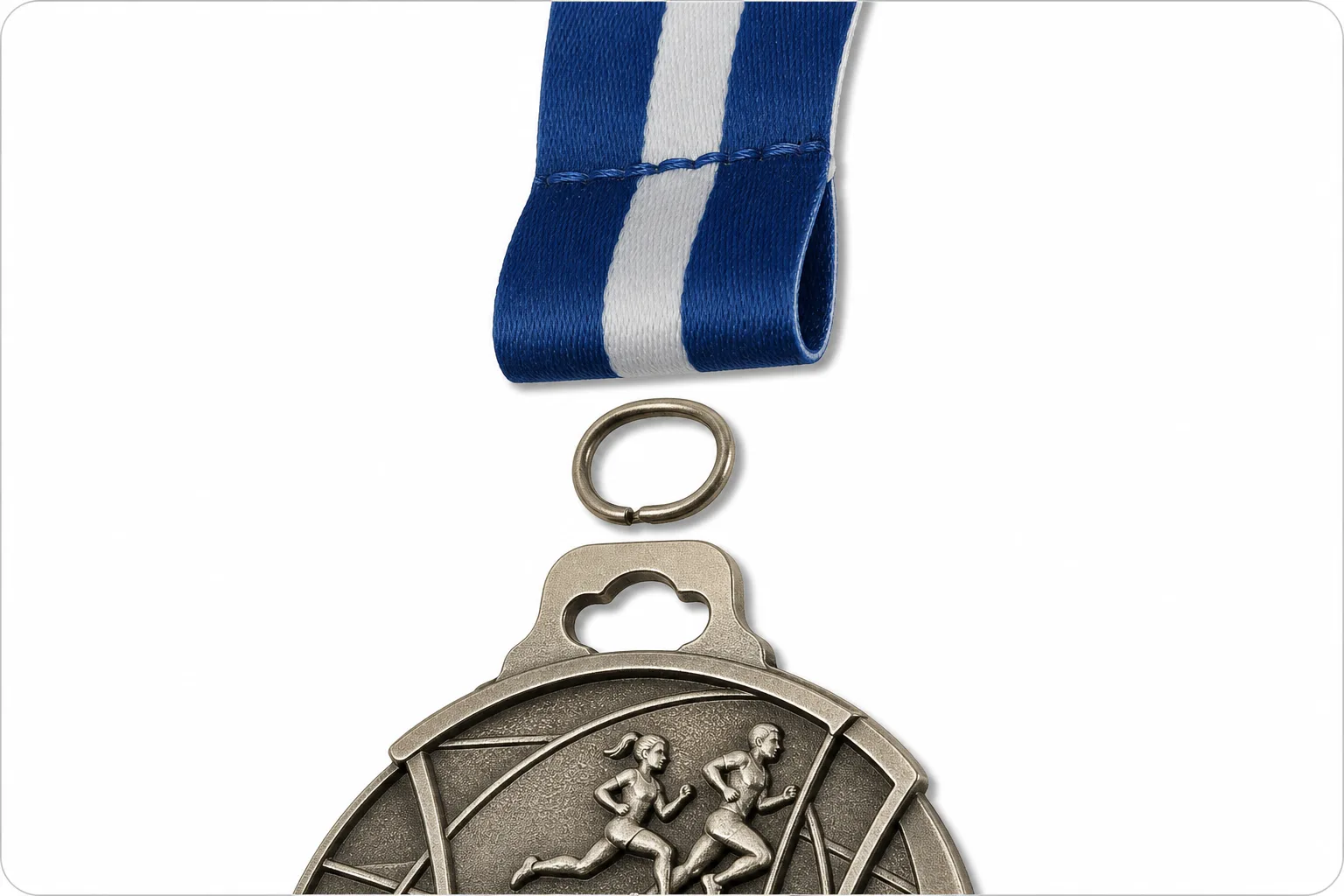 Exploded view of ribbon fold, connector ring, medal opening, and medal body