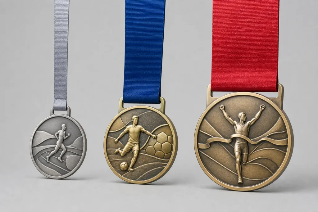 Three custom medal assemblies showing narrow, medium, and wide ribbon proportions