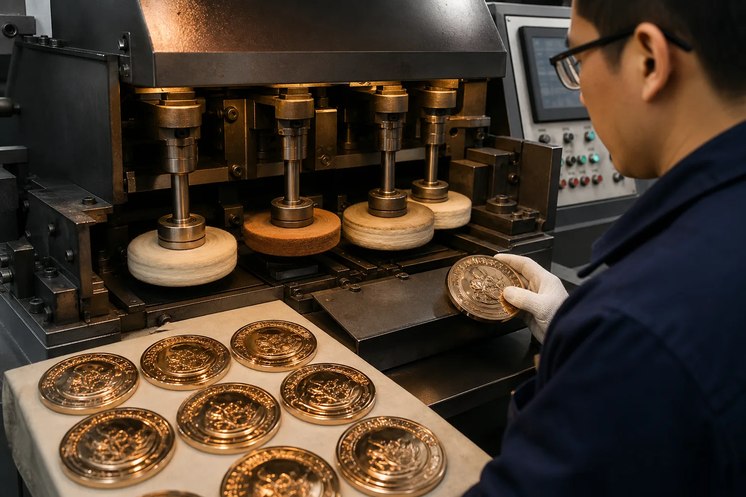 Automatic polishing equipment preparing exposed surfaces on custom metal medals