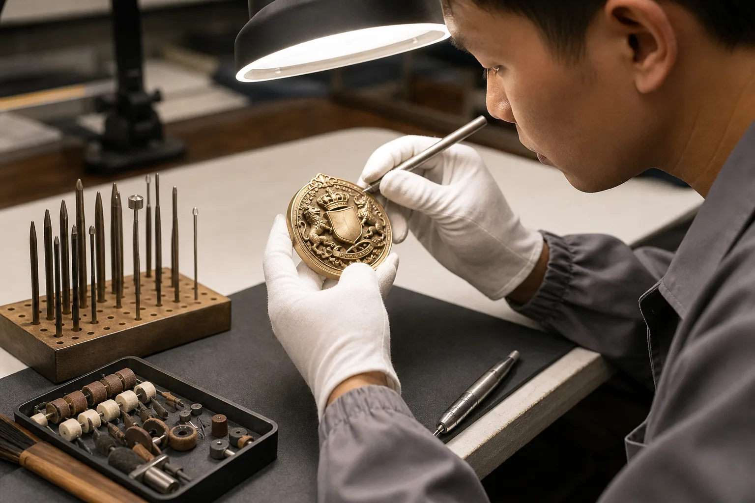 Technician inspecting formed metal parts for burrs before polishing and finishing