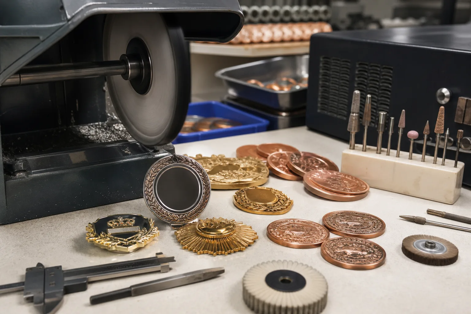 Custom metal award parts moving from forming to polishing and surface preparation