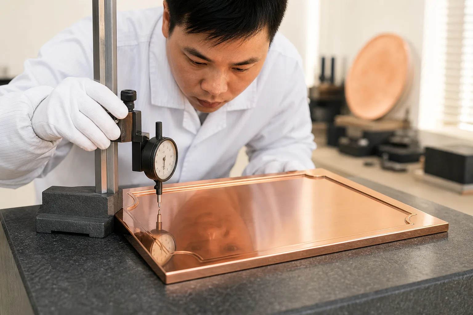 Technician checking polished metal part flatness with precision inspection equipment