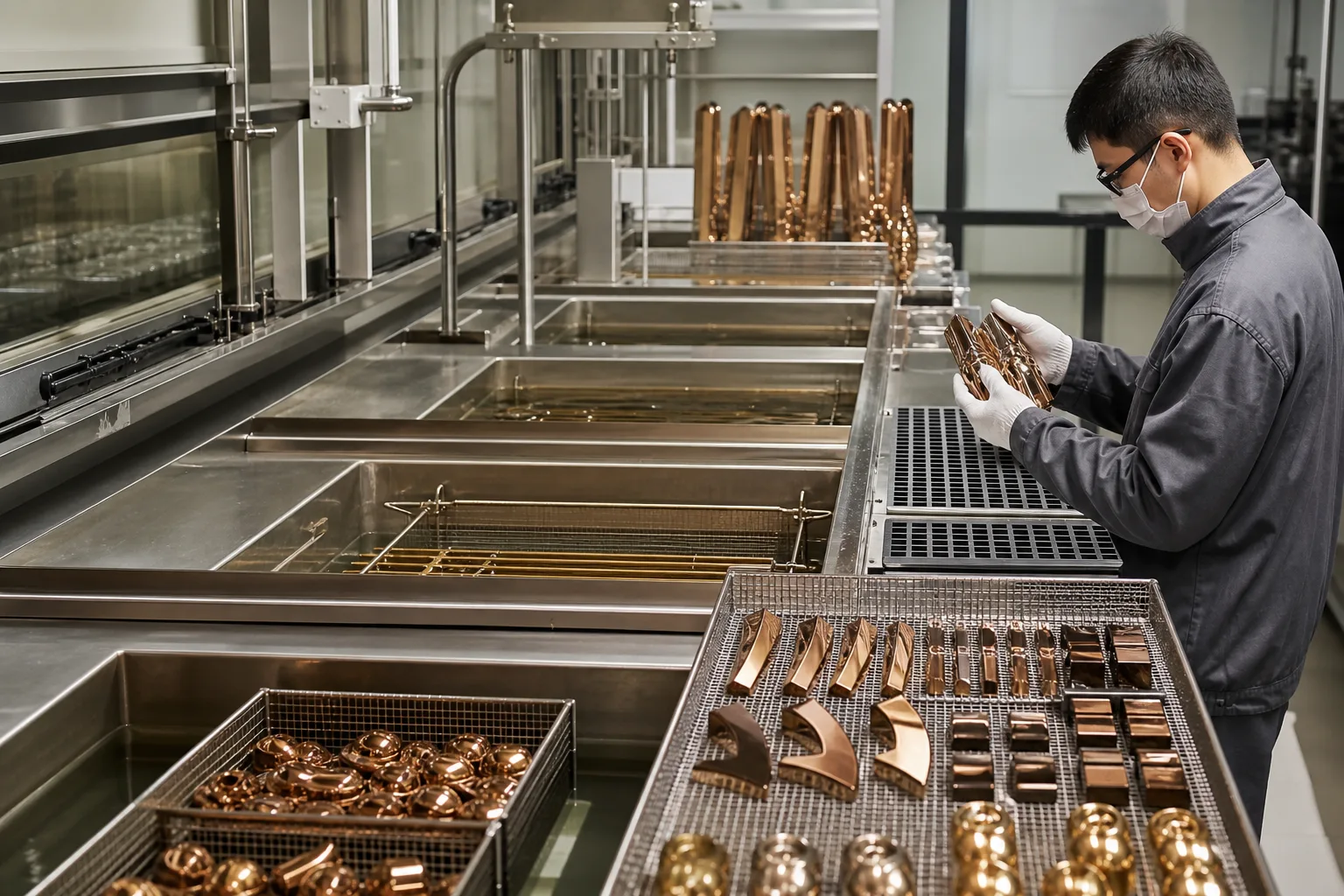 Ultrasonic cleaning line supporting residue removal from polished custom metal parts