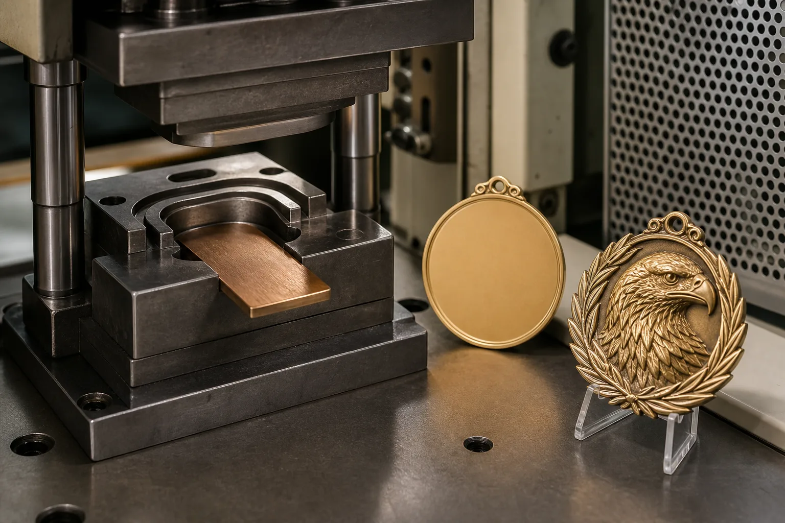 Forming dies and finished pieces demonstrate struck and high-relief metal surfaces