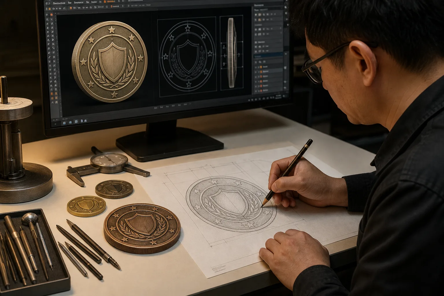 Engineer reviewing emblem artwork beside unbranded metal coin samples before production approval