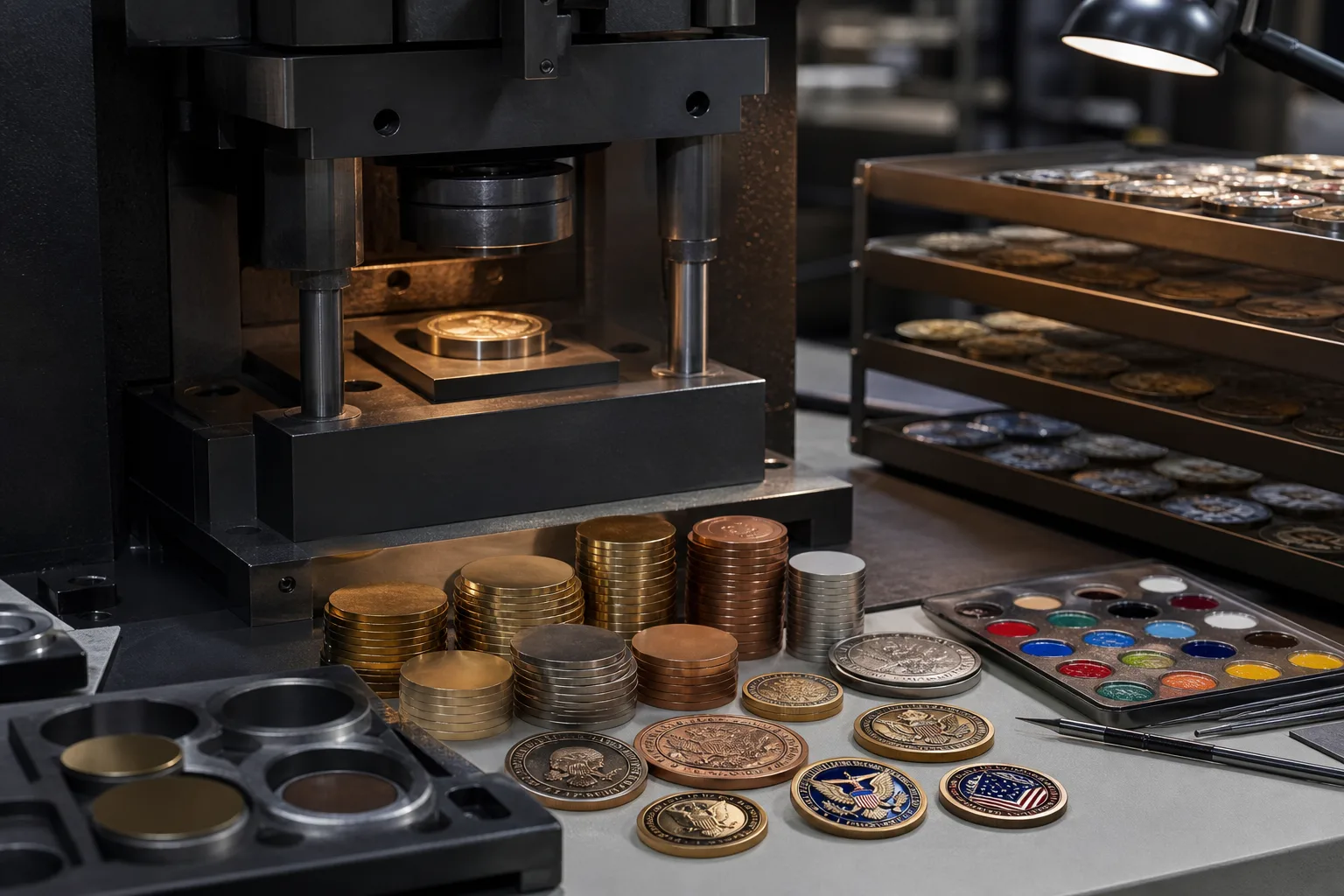 Custom coin forming equipment and finish samples demonstrate controlled metal decoration options