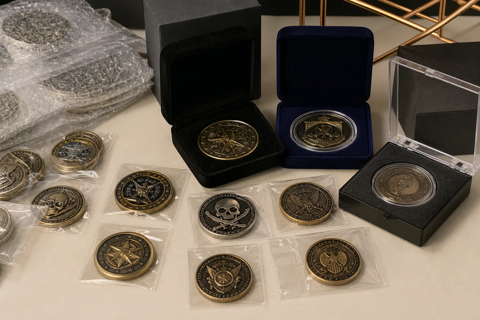 Custom metal coins shown with individual protective and ceremonial packaging options for institutional distribution