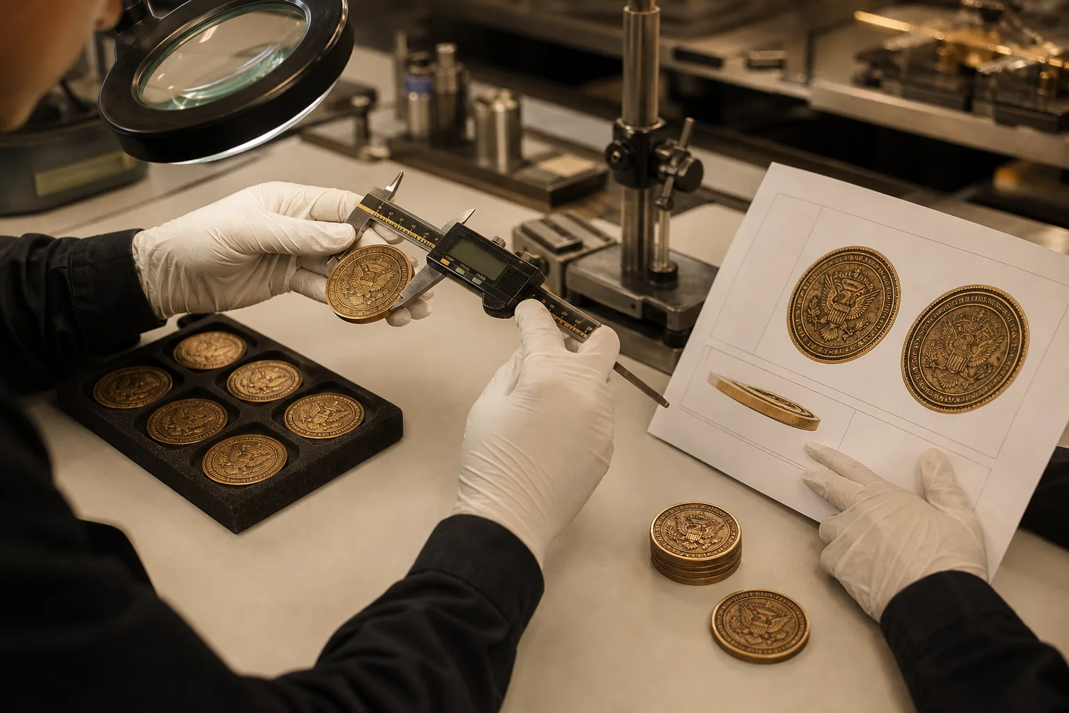 Quality inspector measuring challenge coin relief and surface finish against approved production specifications