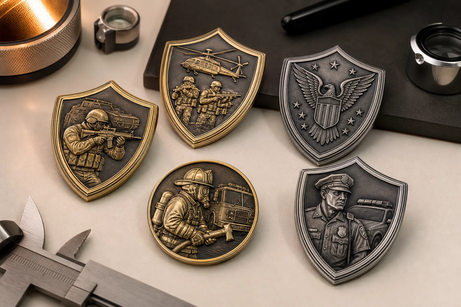 Custom military challenge coins displaying detailed institutional relief designs for professional recognition programs