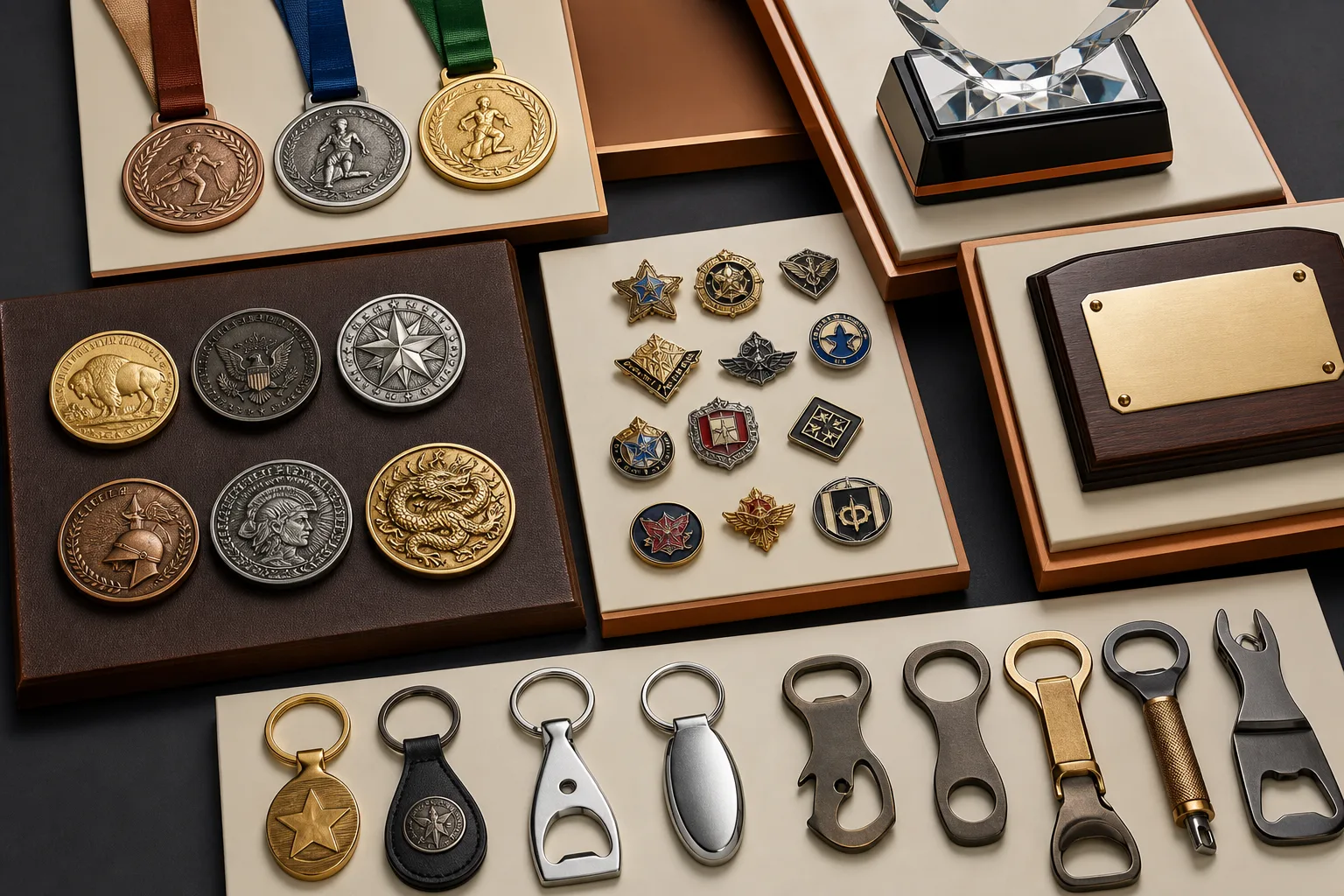 Custom medals, coins, pins, trophies and accessories grouped by product family