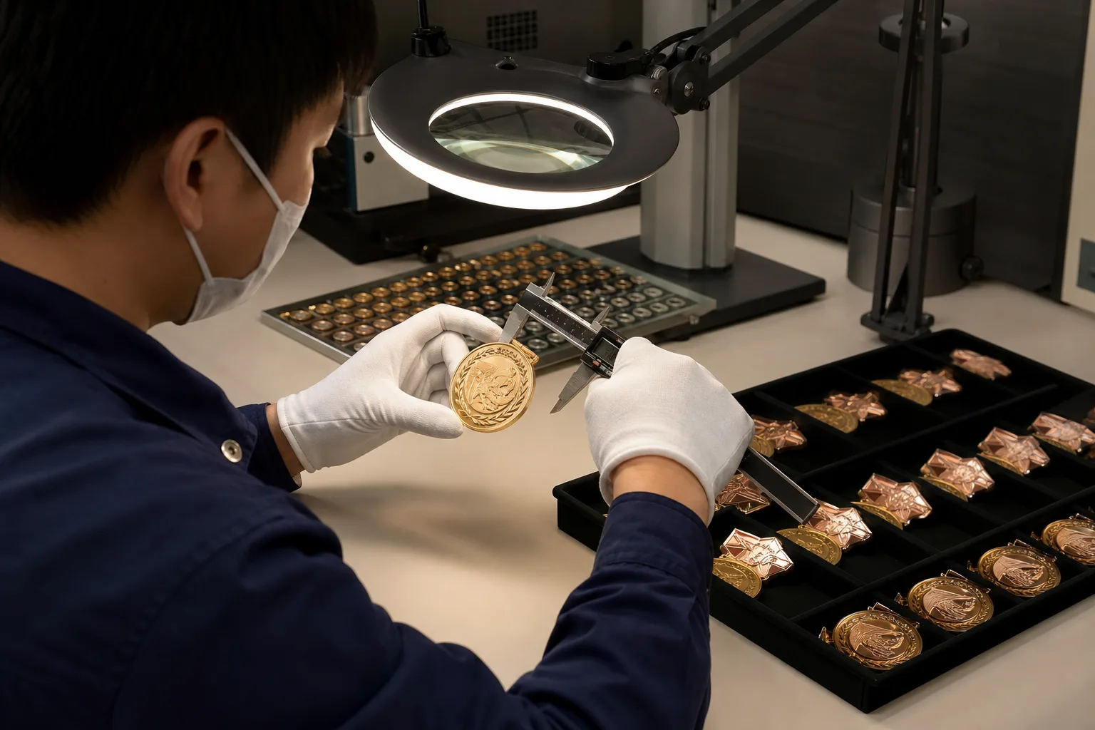 Quality inspector checking medal dimensions, relief, plating and accessory attachment