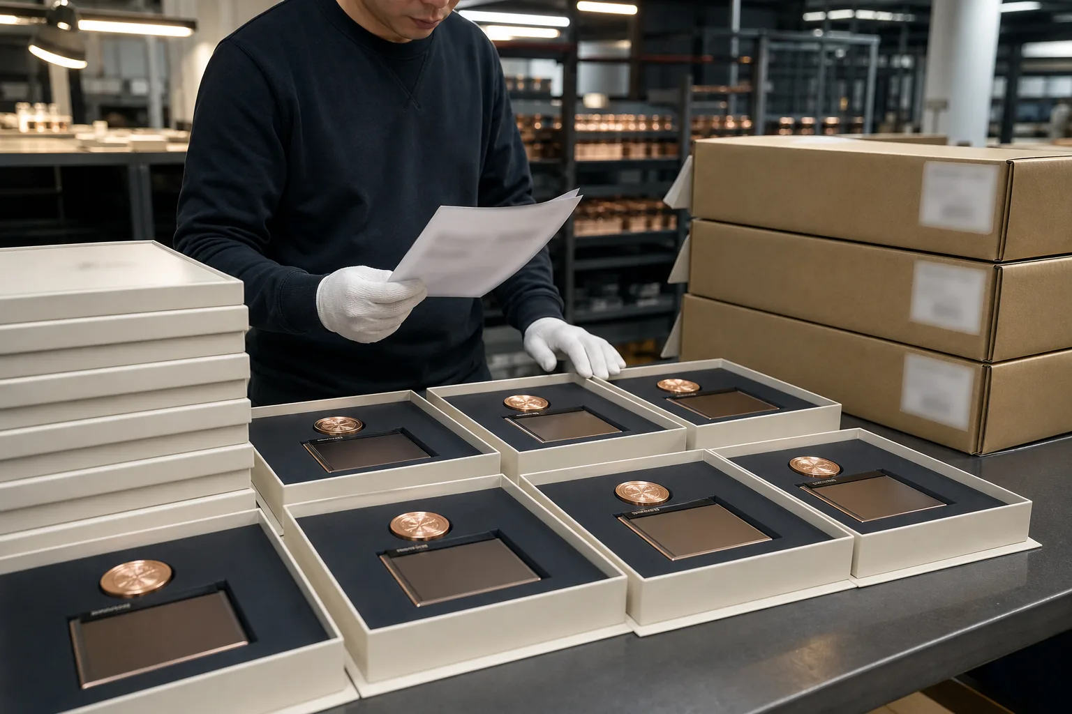 Packed custom metal awards prepared for a documented business shipment