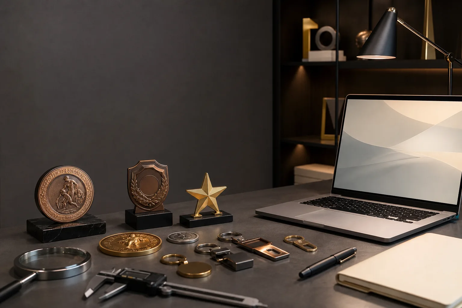 Custom metal samples beside a secure business inquiry workstation