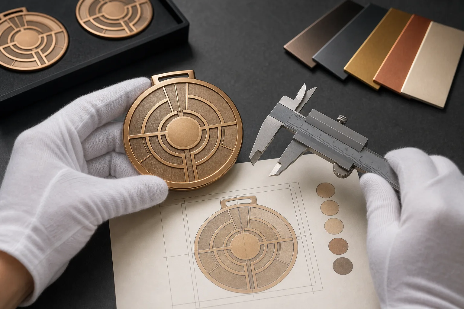 Metal badge sample beside a non-readable artwork proof during project review