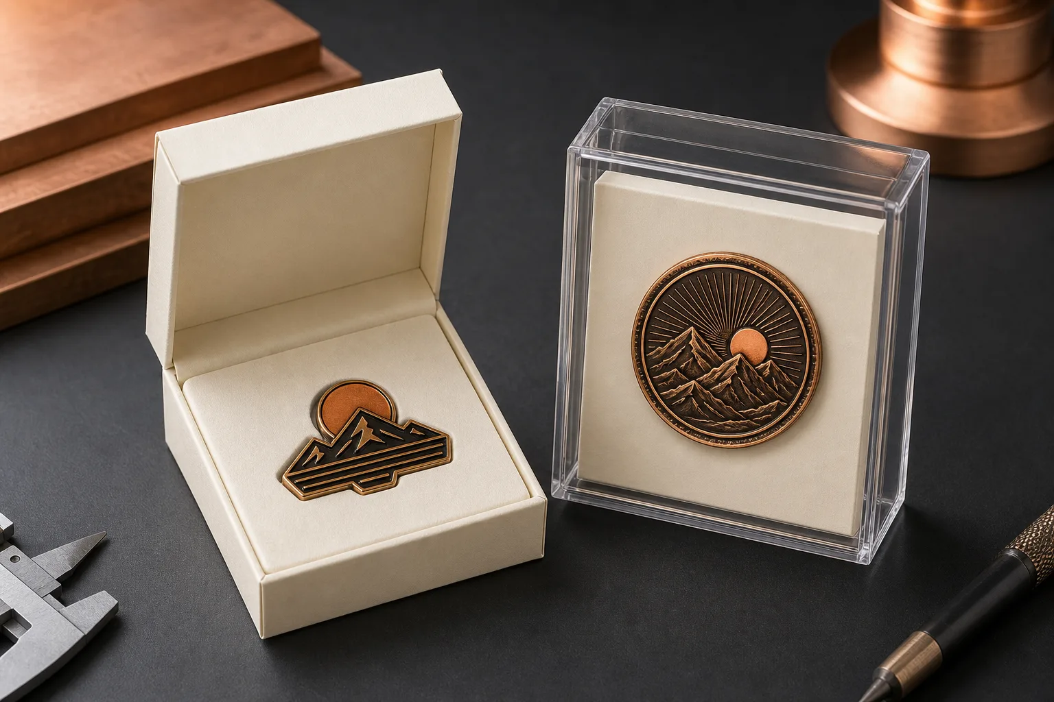 Paper and plastic display boxes presenting unbranded pins and challenge coins