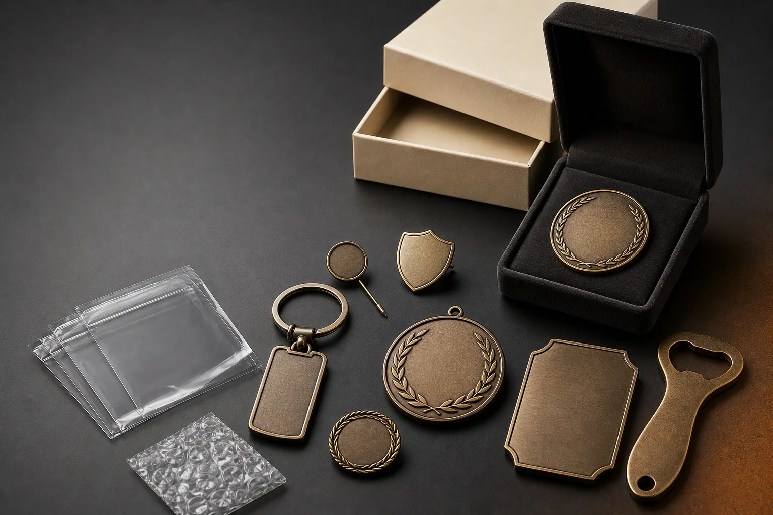 Private label metal products arranged with protective bags and premium presentation boxes