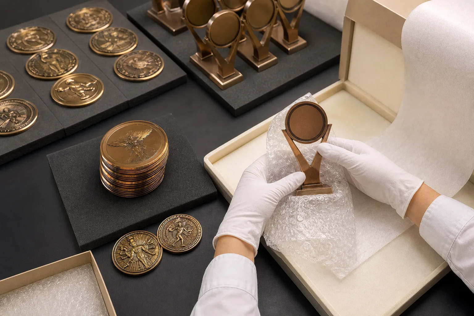 Raised medals and assembled trophy receiving bubble protection during careful packing