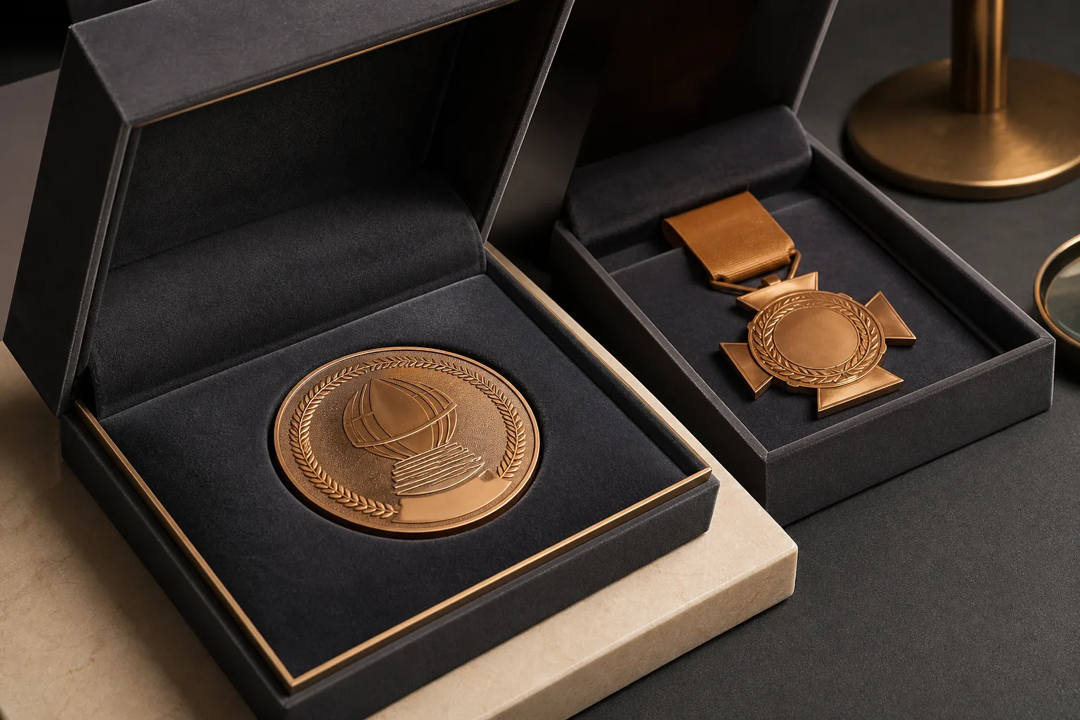 Commemorative coin and medal displayed in fitted velvet presentation boxes