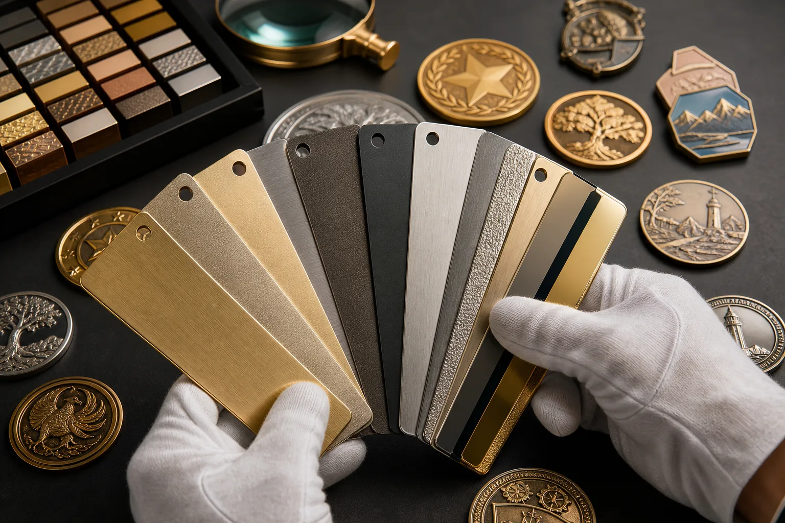 Metal finish samples compare plating, enamel, printing and matte surface effects