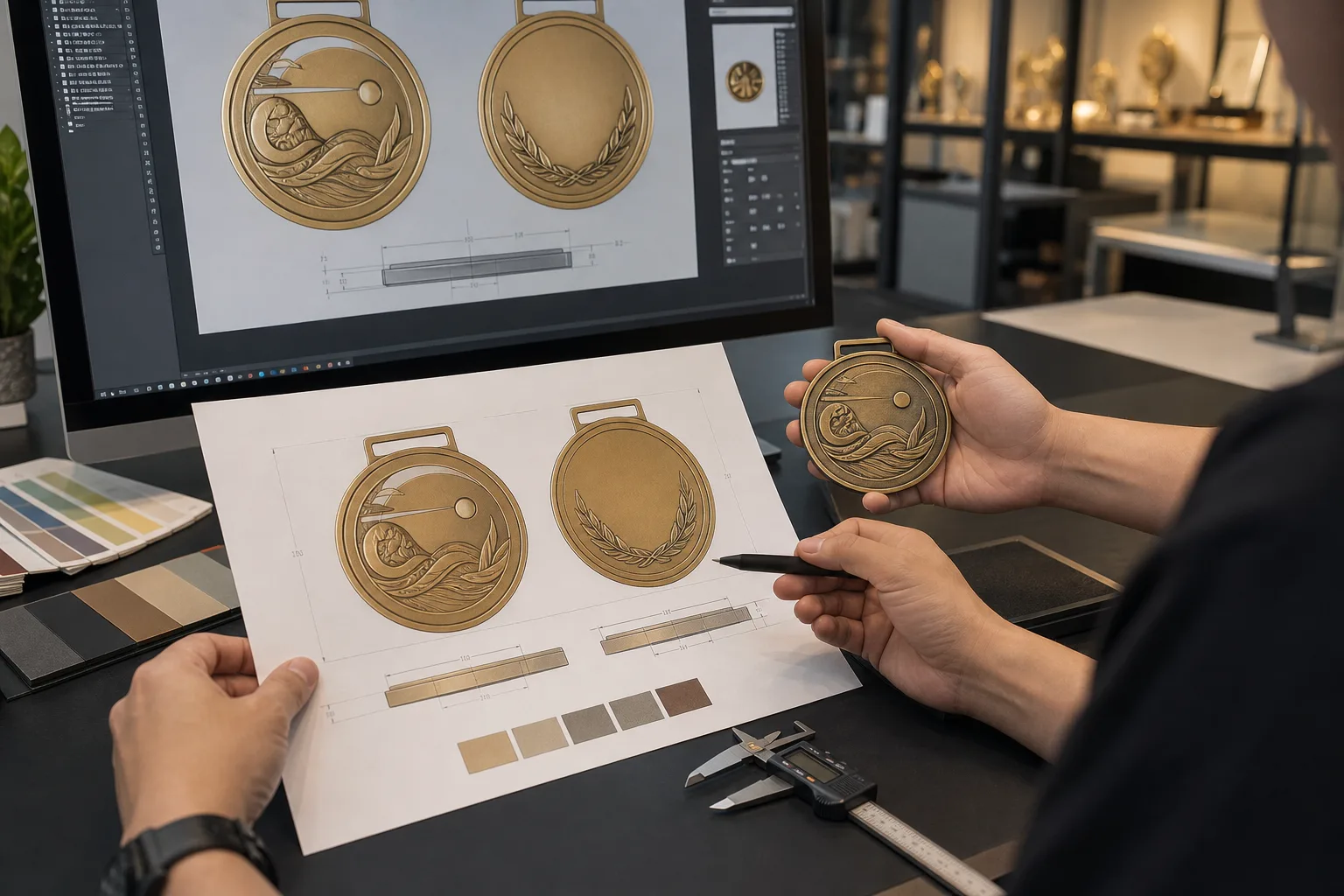 Designer reviews medal artwork, dimensions and reference sample before quotation